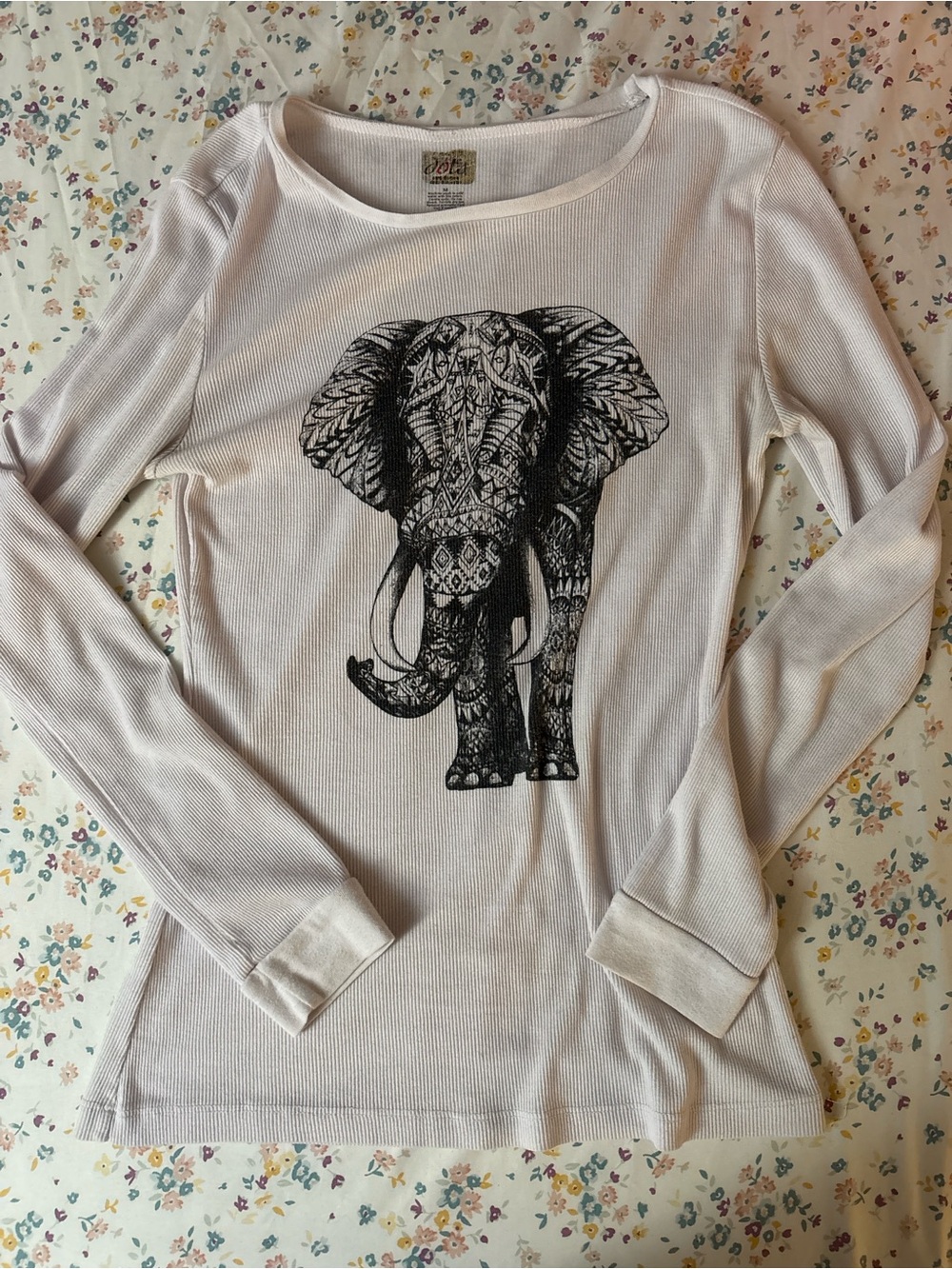 White Long-Sleeve Women’s Top with Black Elephant Print